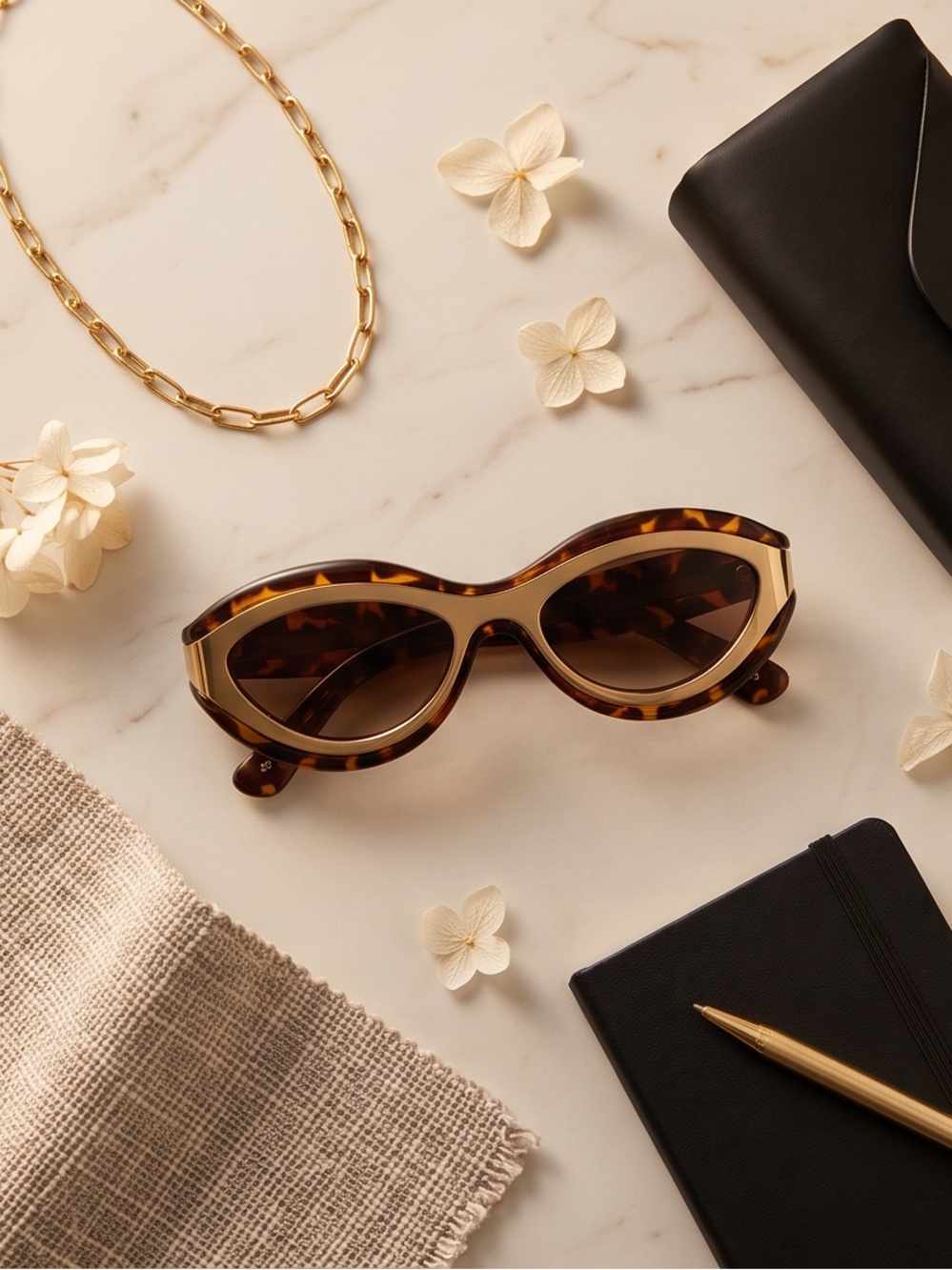 Chic Oval Cat-Eye Sunglasses – Tortoiseshell Acetate with Gold Metal Inlay